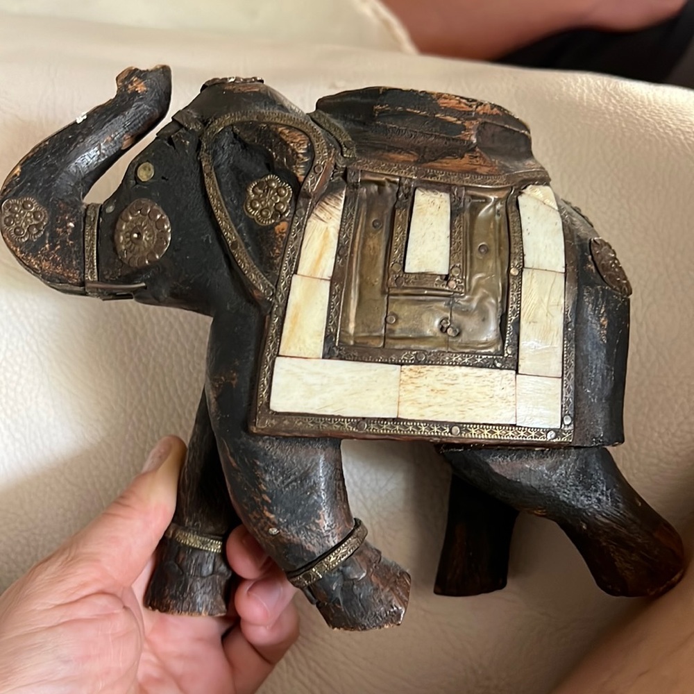 Carved wooden elephant figure brass bovine bone inlay trunk up India